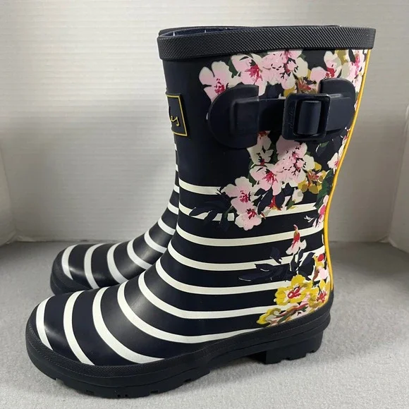 Joules Molly Welly Rain Boots Navy White Stripe Floral Buckle Women US 7 EU 38 - Picture 1 of 12